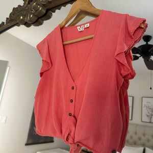 Roxy Coral Button-Down Ruffle Sleeve Top